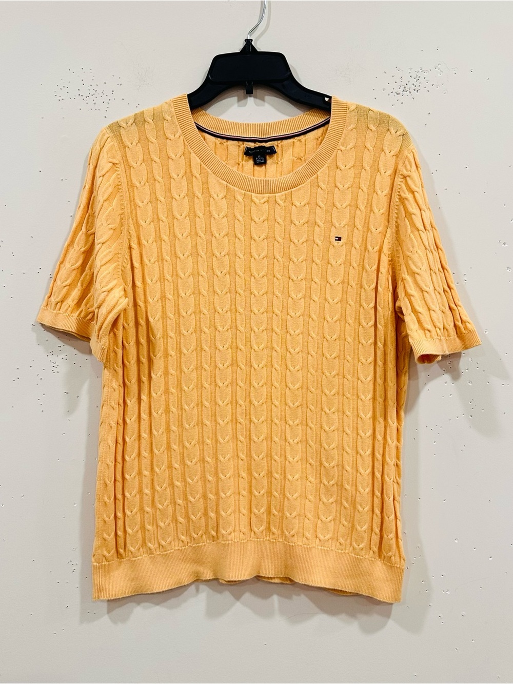 Tommy Hilfiger Women’s Cable Knit Short Sleeve Sweater Yellow Crew Neck XL